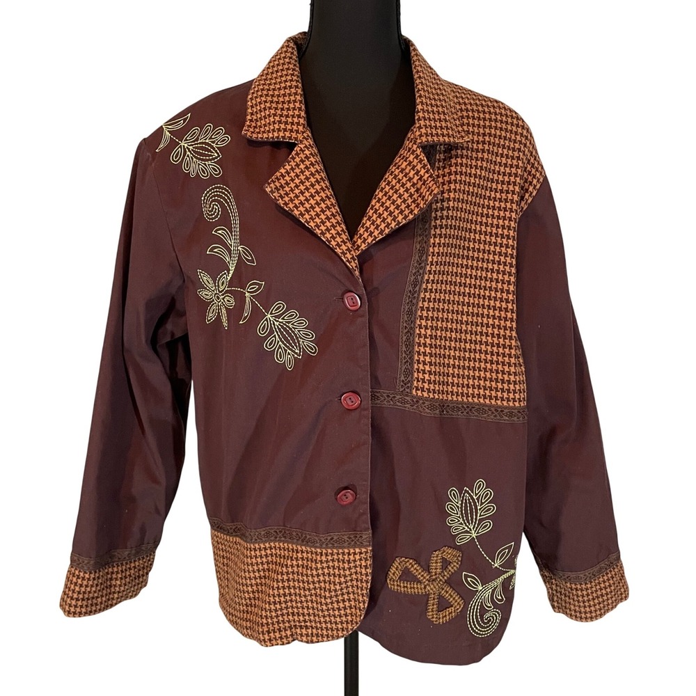 Bechamel Brown Houndstooth Patchwork Embroidered Cotton Jacket XL Boho Artsy